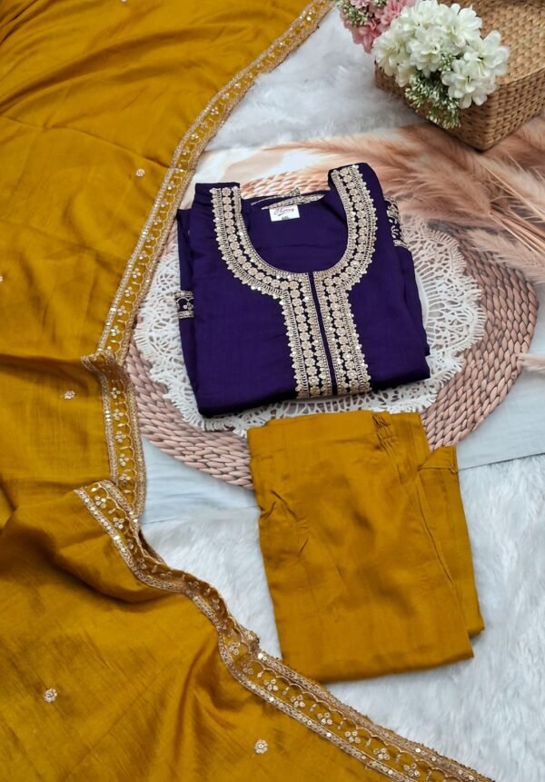 Aubergine Straight-Cut Suit with Gold Zari & Sequin Work and Ochre Yellow Dupatta – Festive Wear for Women