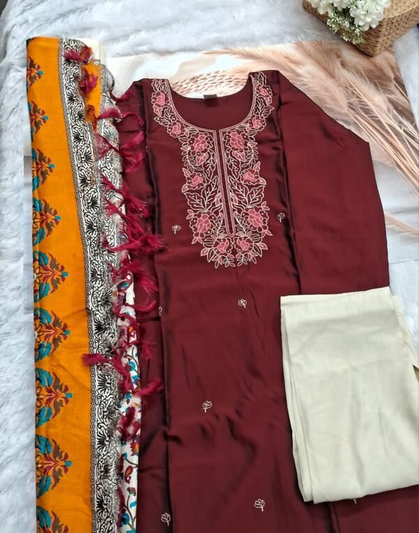 Women’s Maroon Suit with Floral Thread Work and Mustard Yellow Printed Dupatta