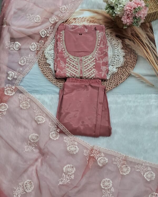 Designer Dusty Rose Suit with Tonal Floral Threadwork & Pearl-Embellished Neckline – Premium Ethnic Set