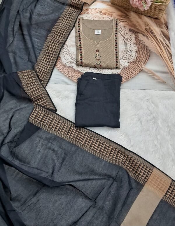 Khadi Taupe Kurta Set with Embroidered Neckline & Blue Dupatta